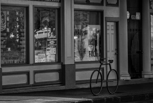 Black and white image of a storefront symbolizing copywriting for small business.