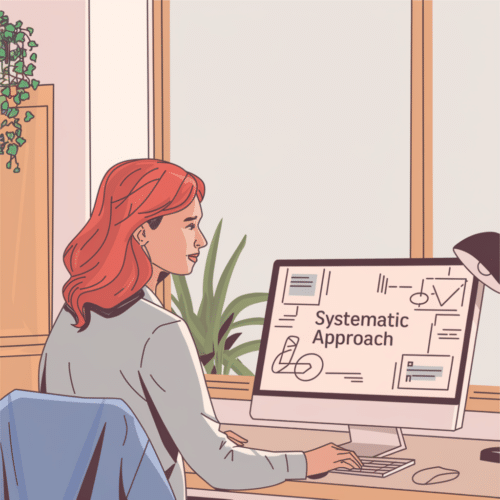 woman doing SEO is looking at a computer that says “systematic approach”