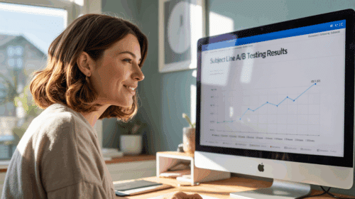 A photograph of a young professional woman with shoulder-length brown hair, smiling softly as she gazes at a large monitor displaying a sleek dashboard. The dashboard prominently features "Subject Line A/B Testing Results" with graphs showing email open rates spiking upward.