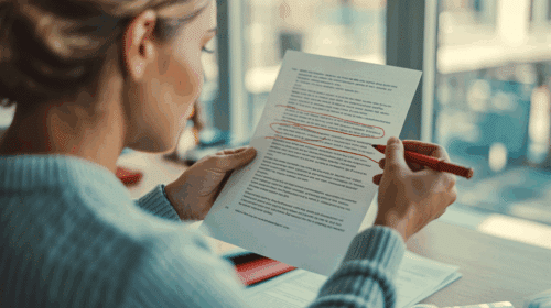 Over-the-shoulder shot of a person editing a printed document with a red pen, crossing out filler words and circling clear, impactful phrases.