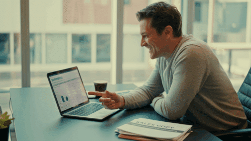 Small business owner at a clean desk reviewing a laptop screen showing sales or conversion data. Smiling, relaxed posture, a cup of coffee nearby. Papers labeled ‘sales copy’ are neatly stacked