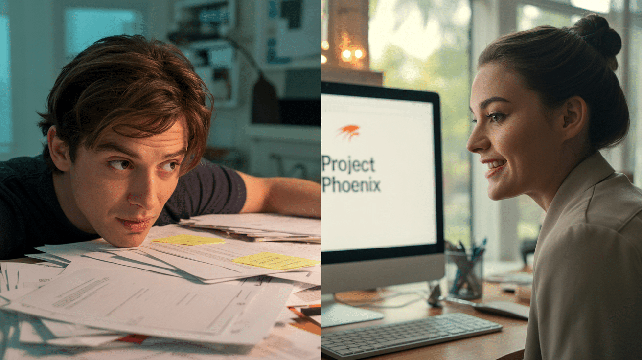 A photograph depicting a split-screen desk setup showcasing contrasting work styles. On the left, a young man with tired eyes and slightly disheveled hair sits amidst a chaotic pile of papers and highlighted documents, appearing stressed. The right side reveals a young woman with a confident smile, gazing at a clean desktop displaying a single, concise document on a bright monitor.