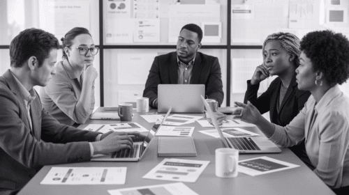 A diverse group of professionals sitting around a modern office table covered in laptops, coffee mugs, and printed content outlines, discussing content strategy in an active meeting