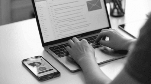 Close-up of a person typing an email campaign on a laptop and a smartphone open to a social media app nearby