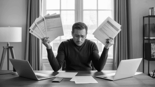A small business owner sitting at a wooden desk covered in papers and open laptops, comparing different pricing quotes, looking confused and stressed
