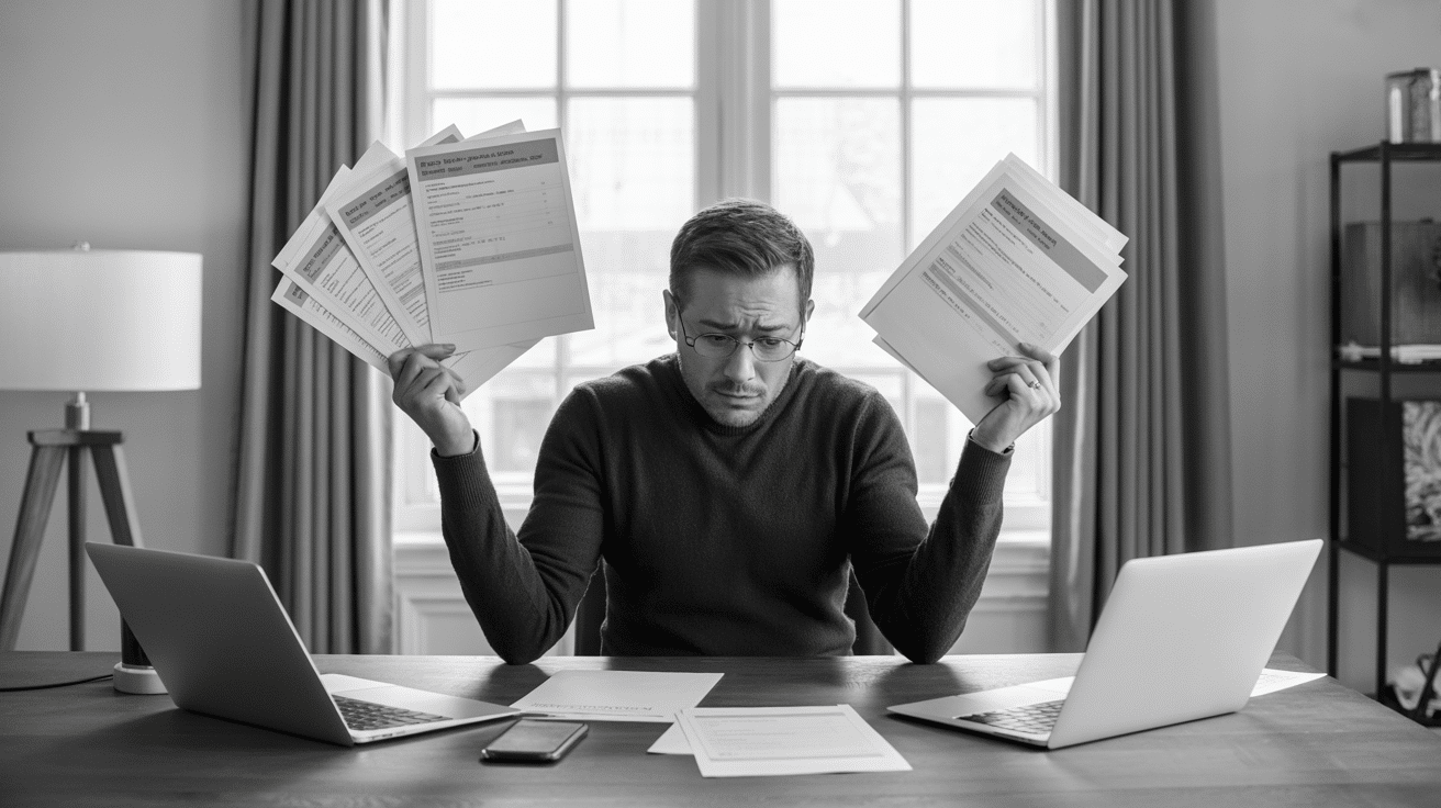 A small business owner sitting at a wooden desk covered in papers and open laptops, comparing different pricing quotes, looking confused and stressed