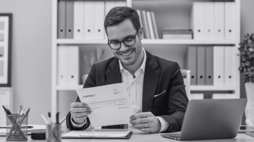 A small business owner at a tidy desk, smiling and reviewing a signed contract or invoice, appearing confident and optimistic about their decision
