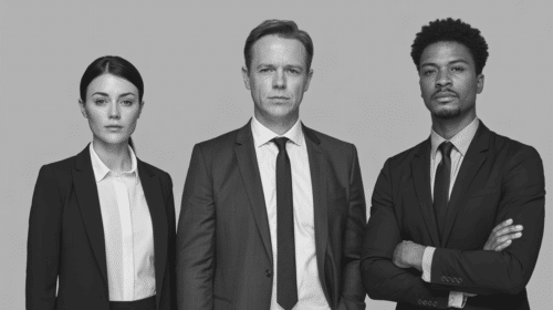 Three professionals standing side by side, facing the camera, dressed to reflect junior, mid-level, and senior experience levels