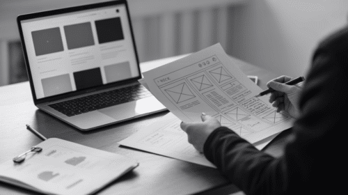 Person reviewing printed wireframes and scribbled notes with a laptop open, working late at a clean desk, focused on crafting copy strategy for a website